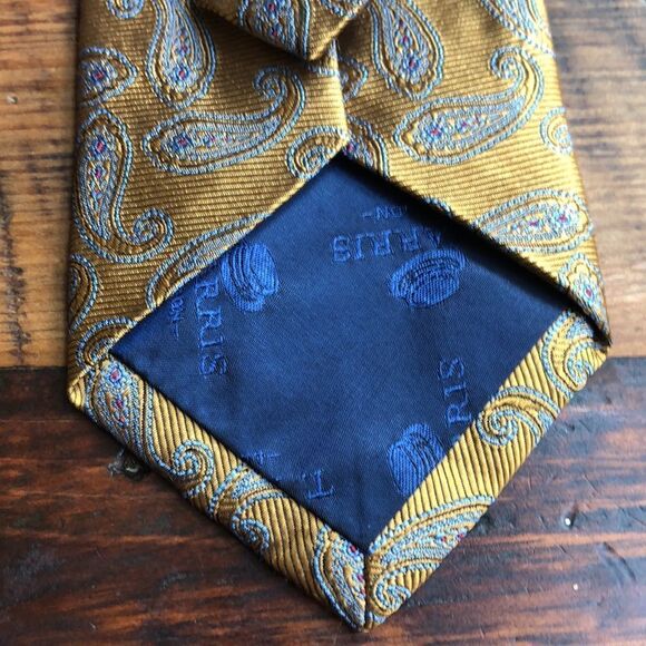 T. Harris London 100% Silk Hand Tie Gold with Blue Paisley designs - Picture 4 of 6